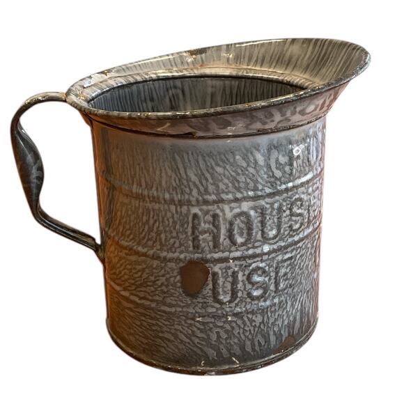 1 Quart Gray Measuring Pitcher Graniteware Mottled Enamel Bulbous Handle Rustic - Picture 4 of 8